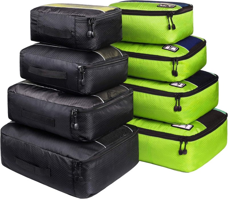 Idesort 8 Set Packing Cubes, Travel Luggage Bags Organizers Mixed Color Set (Green Black) - Image 1