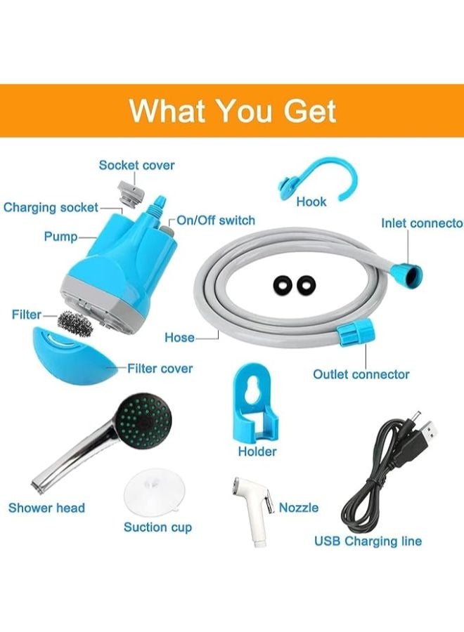 Portable Camping Shower, Travel Shower Outdoor Portable Shower Head 2200 mAH Rechargeable Battery USB Cable 1.8m Hose Water Pump for Outdoor Travel Bike Car Washing Pet Cleaning Plants Watering - Image 3