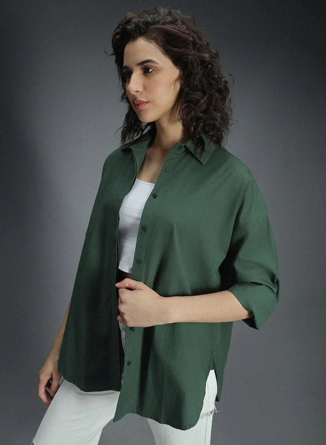 HIGH STAR Green Women's Green 100% Cotton Solid Pattern Button Down Shirt for Women | Best Price UAE