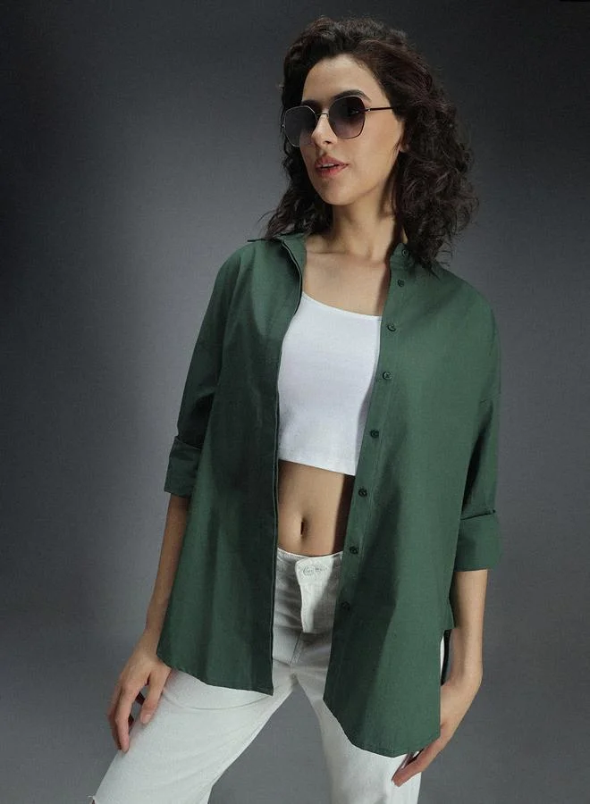 Women's Green 100% Cotton Solid Pattern Button Down Shirt