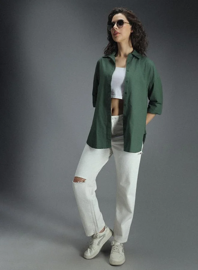 HIGH STAR Green Women's Green 100% Cotton Solid Pattern Button Down Shirt for Women | Best Price UAE