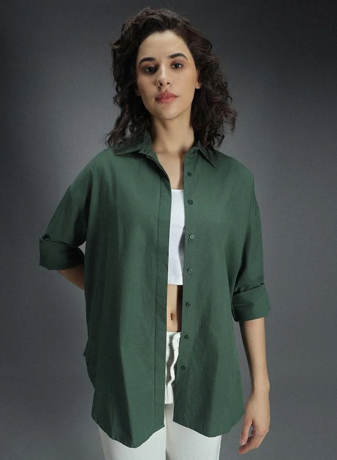 HIGH STAR Women's Green 100% Cotton Solid Pattern Button Down Shirt