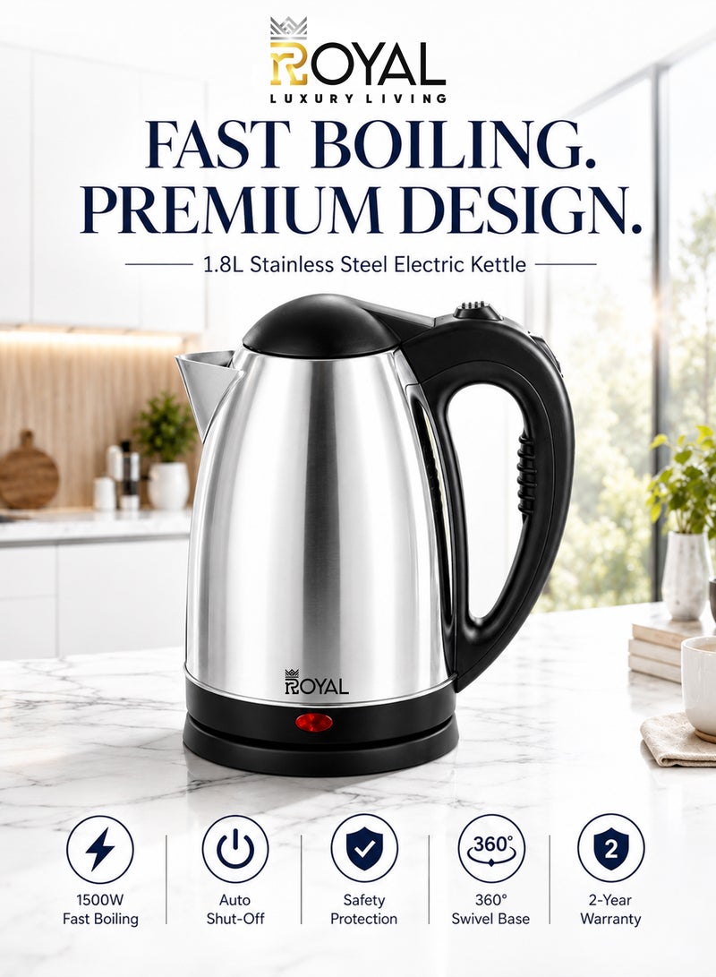 Royal Premium Stainless Steel Electric Kettle 1.8L 1500W | Dual Sensor Overheat Protection, Rapid Boil, Auto Shut-Off, 360° Cordless Base & Clear Water Window | RA-EK1867 Silver 1.8 L 1500 W RA-EK1867 Silver - Image 2