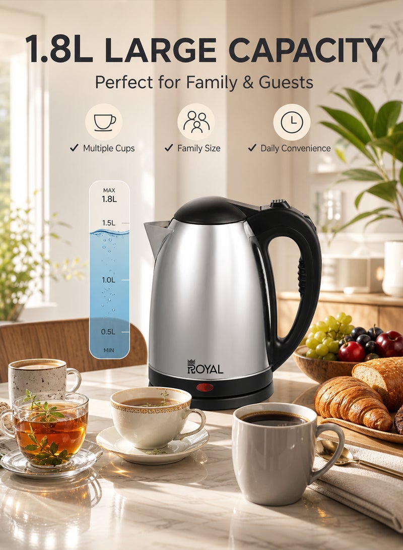 Royal Premium Stainless Steel Electric Kettle 1.8L 1500W | Dual Sensor Overheat Protection, Rapid Boil, Auto Shut-Off, 360° Cordless Base & Clear Water Window | RA-EK1867 Silver 1.8 L 1500 W RA-EK1867 Silver - Image 3