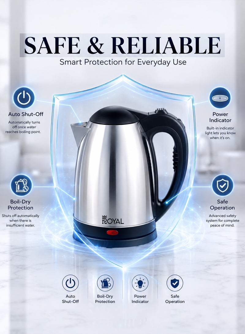 Royal Premium Stainless Steel Electric Kettle 1.8L 1500W | Dual Sensor Overheat Protection, Rapid Boil, Auto Shut-Off, 360° Cordless Base & Clear Water Window | RA-EK1867 Silver 1.8 L 1500 W RA-EK1867 Silver - Image 5