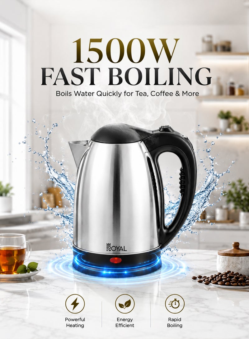 Royal Premium Stainless Steel Electric Kettle 1.8L 1500W | Dual Sensor Overheat Protection, Rapid Boil, Auto Shut-Off, 360° Cordless Base & Clear Water Window | RA-EK1867 Silver 1.8 L 1500 W RA-EK1867 Silver - Image 4