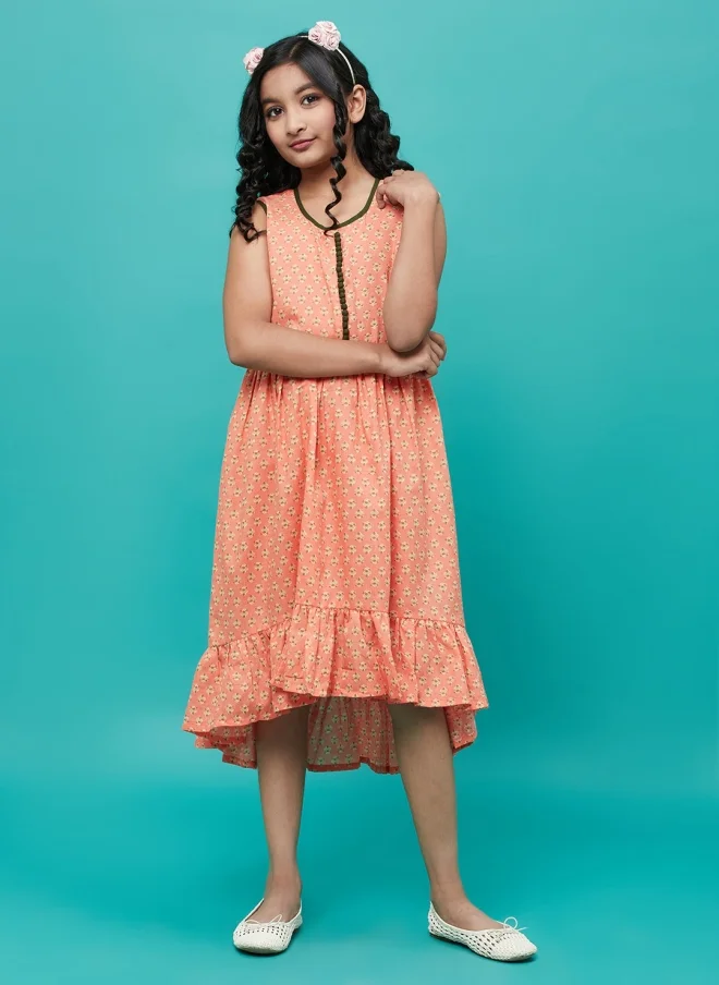 أيه كيه إس Peach Floral Printed Fit & Flare Midi Dress for Girls