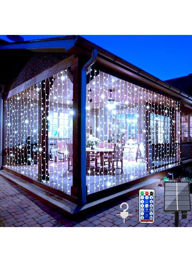 Solar Curtain Lights Outdoor Garden 300 LED Fairy String Lights 8 Modes Remote Control Waterproof Waterfall Lights for Gazebo Patio Home Festival Wedding Wall Christmas Decorations(White) - Image 1