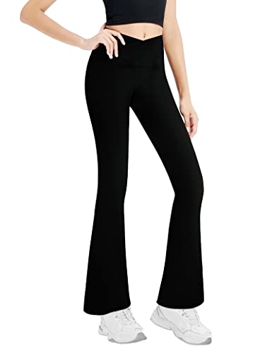 Gnainach Crossover Flare Leggings for Girls Size 11-12 Years Old Black High Waisted Kids Bell Bottom Elastic Length Dance Pants for Running - Image 1