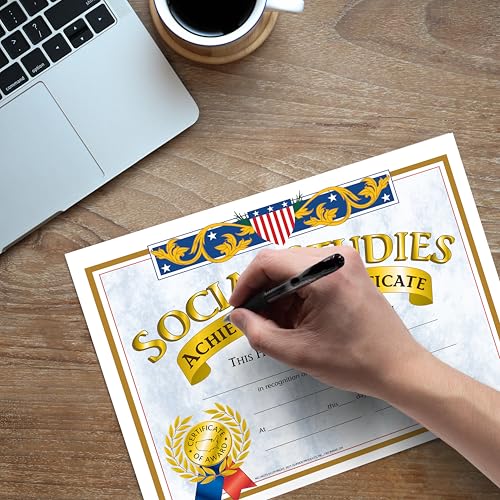 Hayes Social Studies Achievement Certificates, Gold-Bordered Awards with Light Blue Marbled Design, Customizable Award for Students, Full-Color Glossy Design, 8.5" x 11" - 30 Pack - Image 5