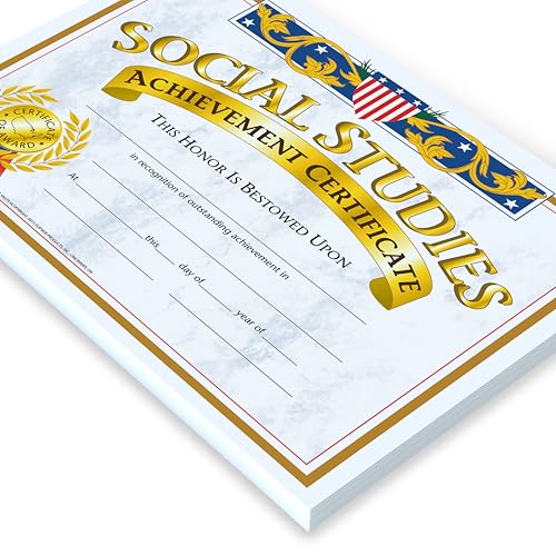 Hayes Social Studies Achievement Certificates, Gold-Bordered Awards with Light Blue Marbled Design, Customizable Award for Students, Full-Color Glossy Design, 8.5" x 11" - 30 Pack - Image 1