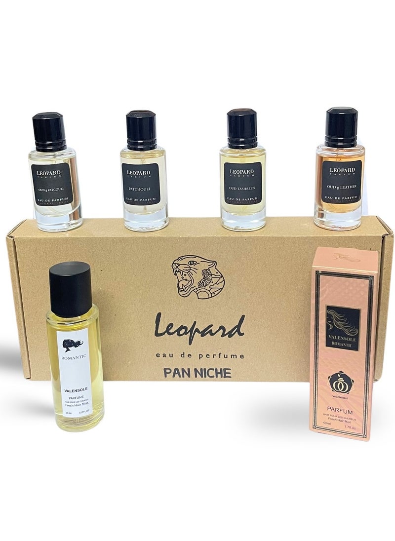 PAN NICHE - Pan Niche-Leopard Eau De Parfum — Oud & Leather, Patchouli, Oud & Tashreen Premium Perfume for Men & Women, Luxury & Limited Edition perfume, Ideal Gift for Special Occasion, Pack of 4 (35ml each) And a Free Hair Mist 50 ml as a gift with the box - Image 1