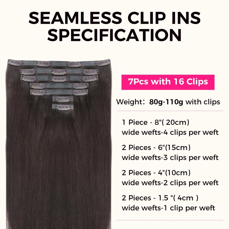 Lashey Seamless Clip in Hair Extensions Human Hair 7pcs 110g Straight Remy Hair, 18 Inch #2 Dark Brown Hair Extensions with PU Skin Weft for Women - Image 2