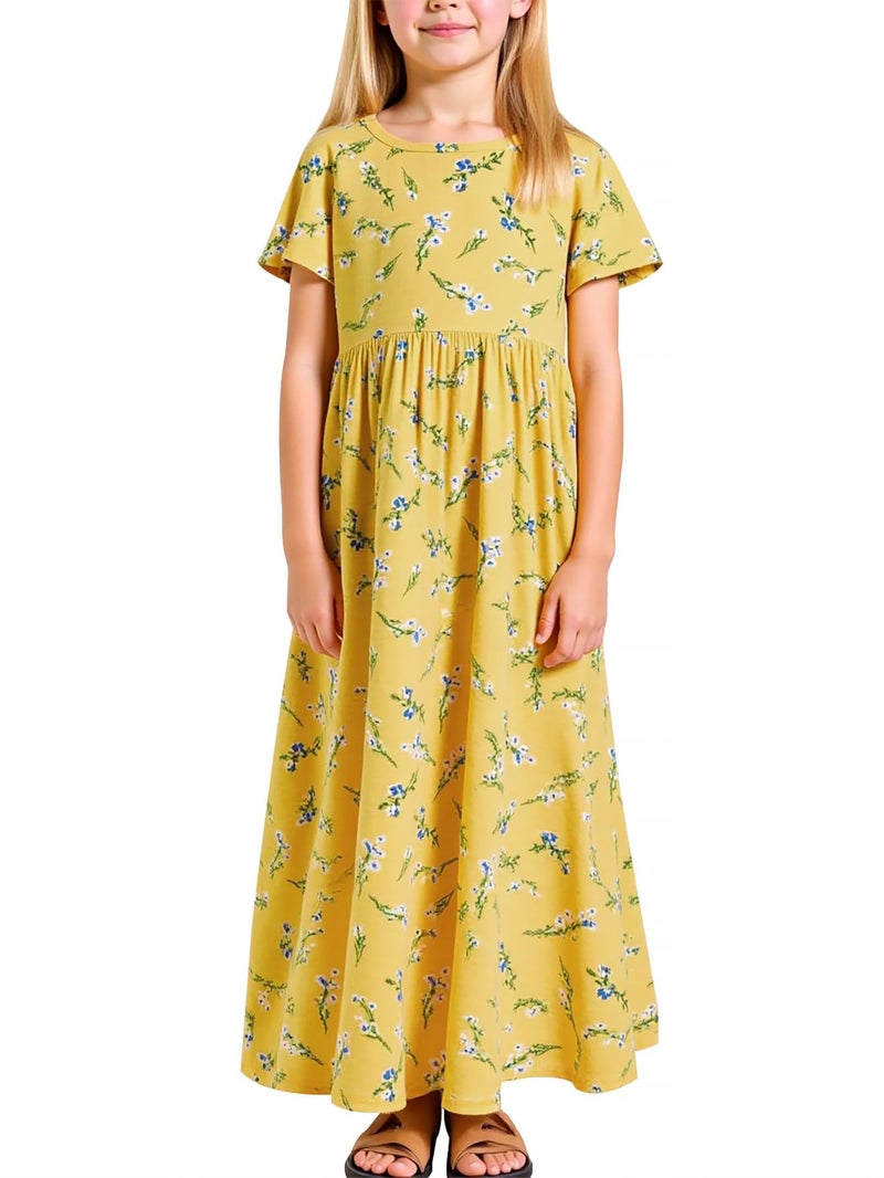 GORLYA Girl's Short Sleeve Floral Print Loose Casual Holiday Long Maxi Dress with Pockets 4-12 Years (11-12Years/Height:150cm, Yellow Print) - Image 1