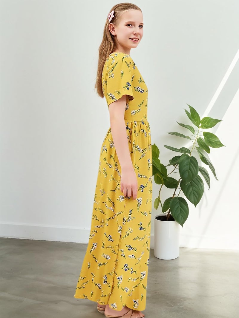 GORLYA Girl's Short Sleeve Floral Print Loose Casual Holiday Long Maxi Dress with Pockets 4-12 Years (11-12Years/Height:150cm, Yellow Print) - Image 5