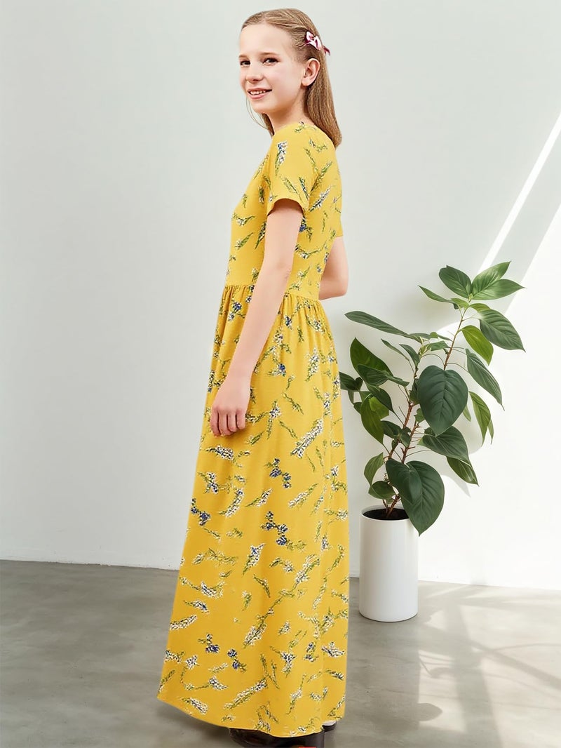 GORLYA Girl's Short Sleeve Floral Print Loose Casual Holiday Long Maxi Dress with Pockets 4-12 Years (11-12Years/Height:150cm, Yellow Print) - Image 4