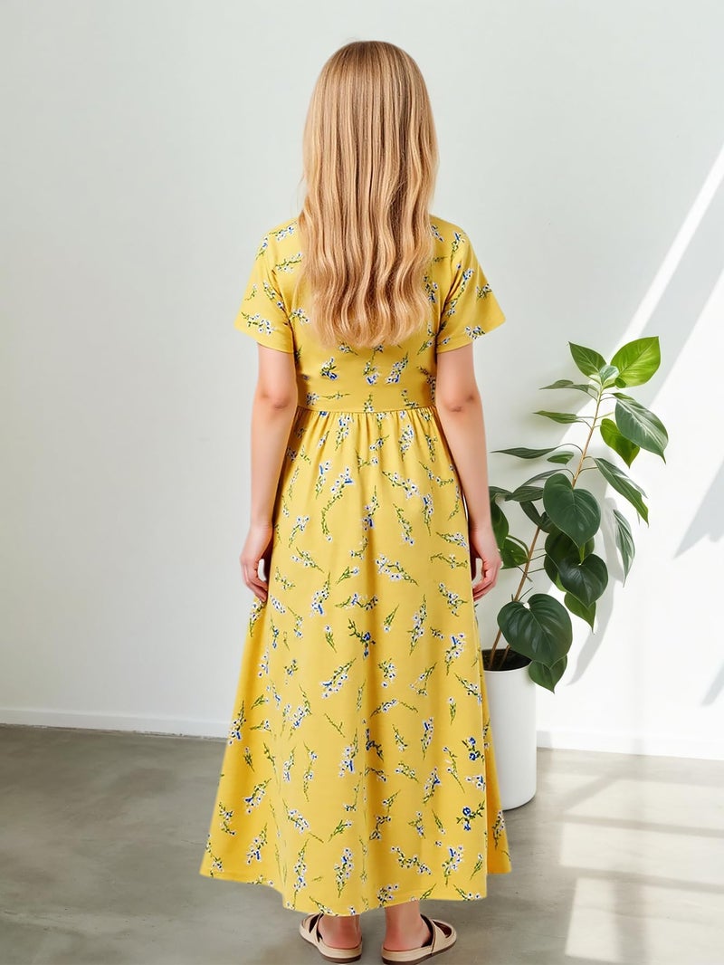 GORLYA Girl's Short Sleeve Floral Print Loose Casual Holiday Long Maxi Dress with Pockets 4-12 Years (11-12Years/Height:150cm, Yellow Print) - Image 3