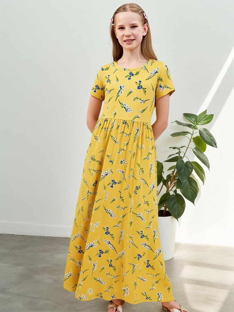 GORLYA Girl's Short Sleeve Floral Print Loose Casual Holiday Long Maxi Dress with Pockets 4-12 Years (11-12Years/Height:150cm, Yellow Print) - Image 2
