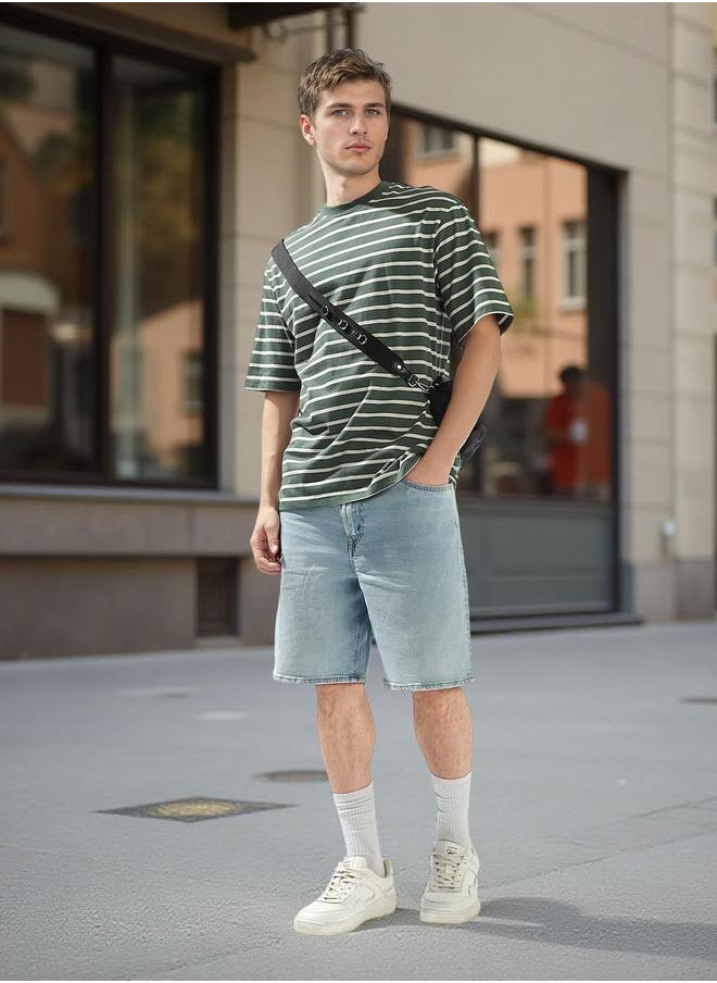 HIGH STAR Men's Multicolour 100% Cotton Striped Relaxed T-Shirt  - Image 2