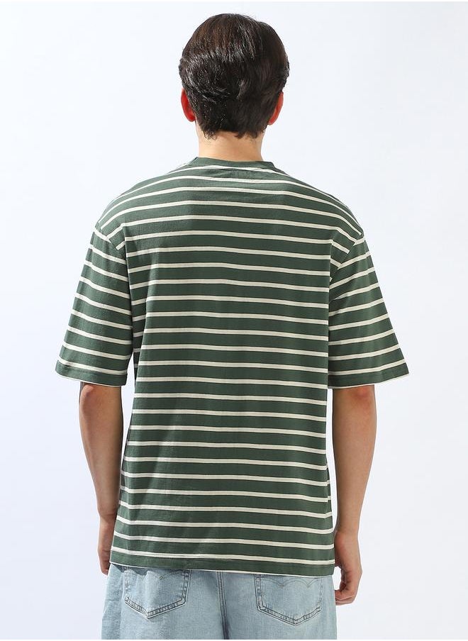Men's Multicolour 100% Cotton Striped Relaxed T-Shirt
