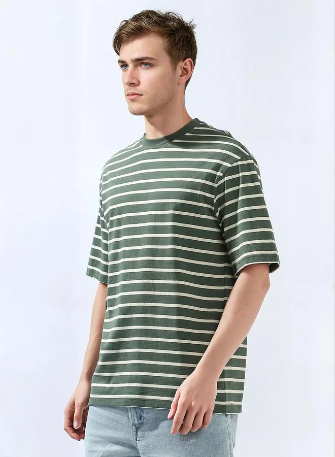 HIGH STAR Men's Multicolour 100% Cotton Striped Relaxed T-Shirt