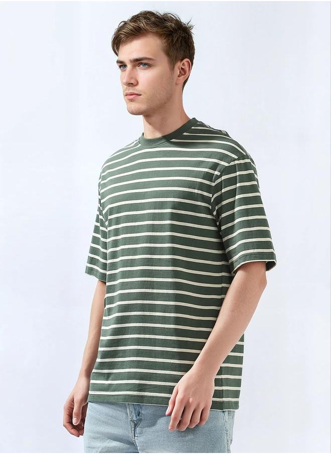 HIGH STAR Men's Multicolour 100% Cotton Striped Relaxed T-Shirt  - Image 3
