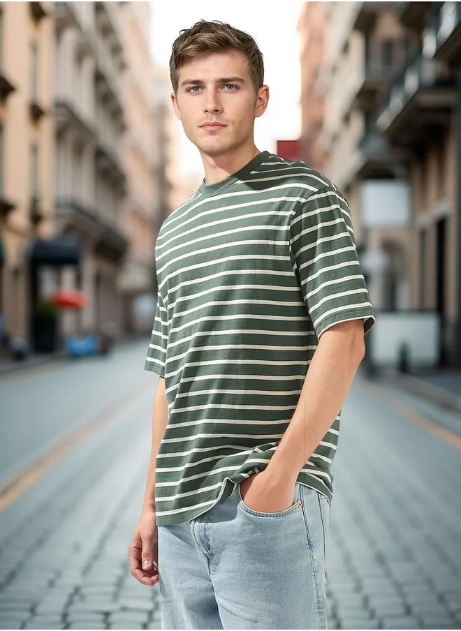 HIGH STAR Men's Multicolour 100% Cotton Striped Relaxed T-Shirt
