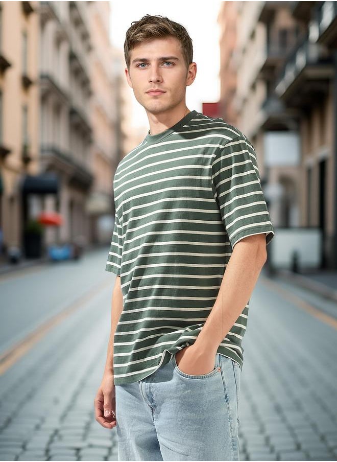 HIGH STAR Men's Multicolour 100% Cotton Striped Relaxed T-Shirt  - Image 1