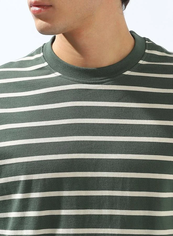 HIGH STAR Men's Multicolour 100% Cotton Striped Relaxed T-Shirt