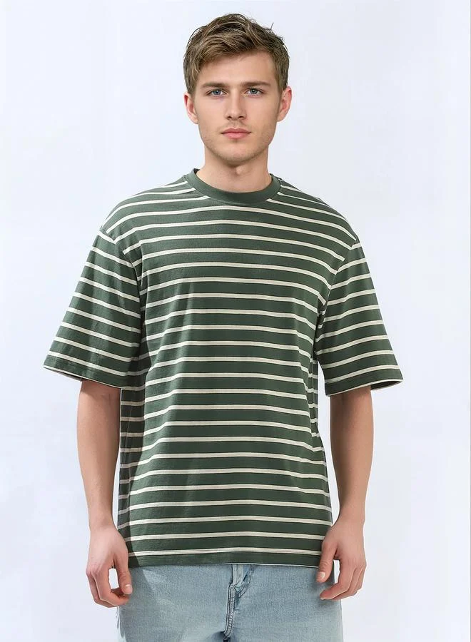 HIGH STAR Men's Multicolour 100% Cotton Striped Relaxed T-Shirt