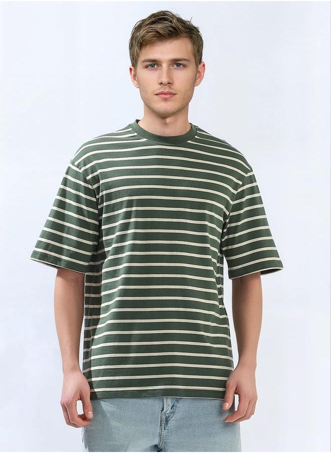Men's Multicolour 100% Cotton Striped Relaxed T-Shirt
