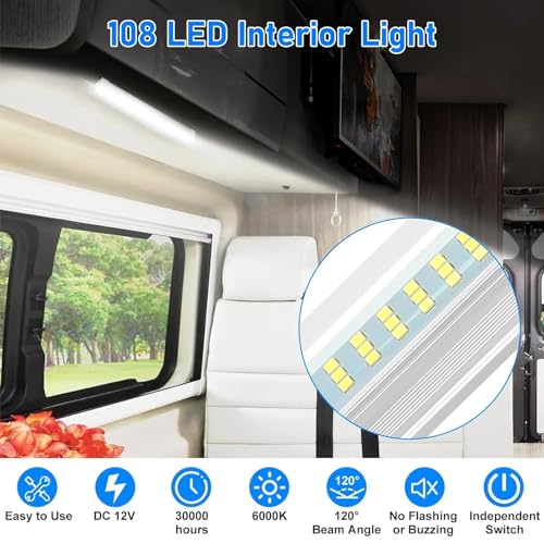 Linkstyle 4PCS 12V Interior LED Light Bar, 108 LEDs Light Strip with ON/Off Switch, 1800LM 6W LED Lighting for RV Camper Trailer Boat Truck - Image 2