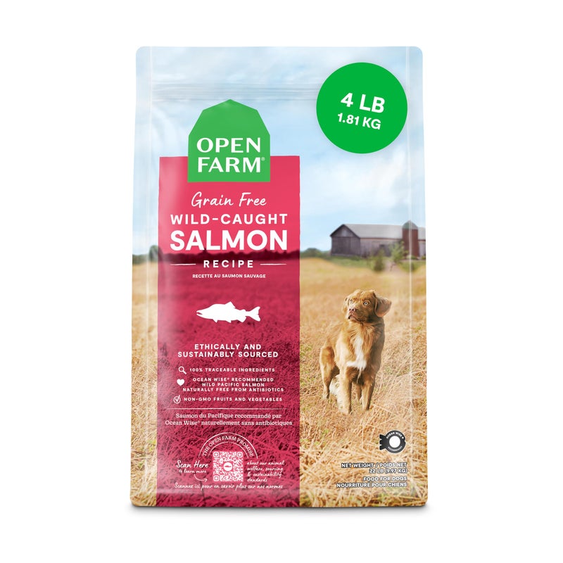 Open Farm, Grain-Free Dry Dog Food, Complete & Balanced Kibble, Sustainably & Ethically Sourced Ingredients, Non-GMO Veggies & Superfoods to Support Overall Health, Wild-Caught Salmon Recipe, 4lb Bag - Image 1