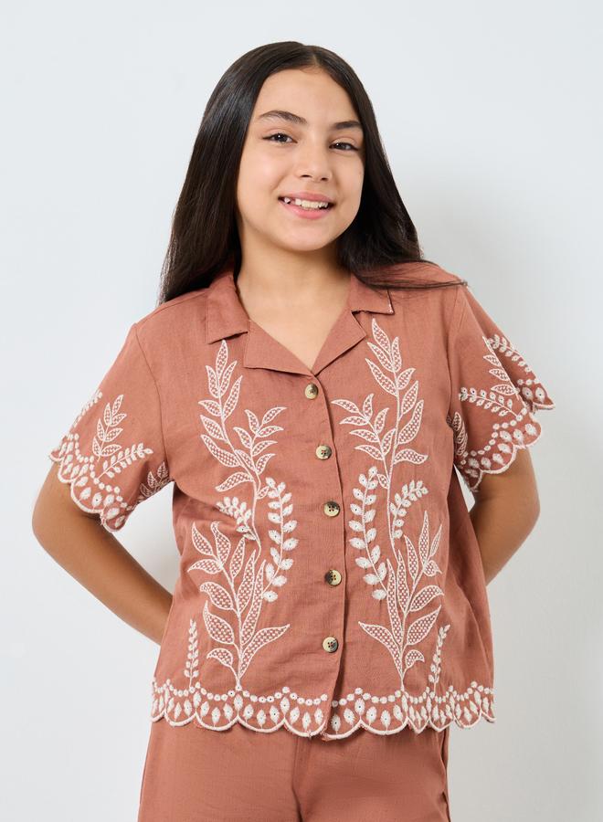 ستايلي بلوزة قطنية مطرزة باللون الصدئ للبنات - Image 1