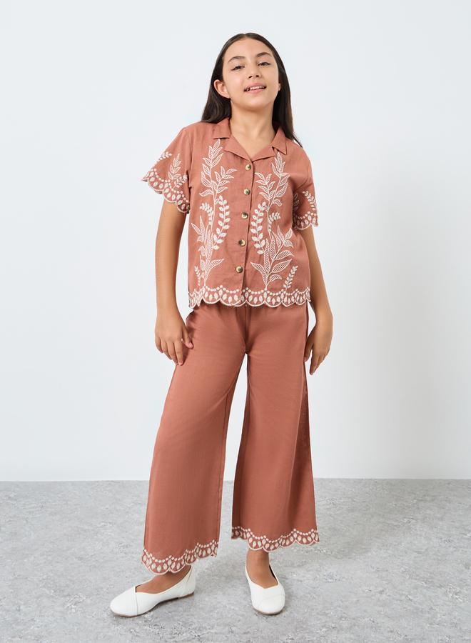 ستايلي بلوزة قطنية مطرزة باللون الصدئ للبنات - Image 2