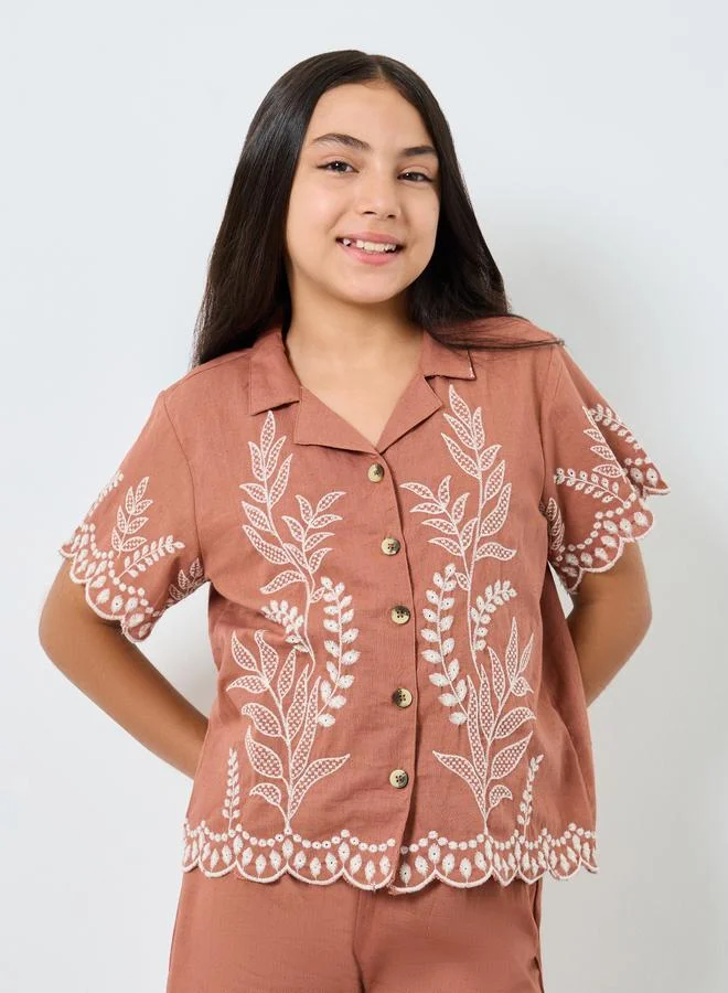 Styli Styli Girls Rust Embroidered Cotton Top