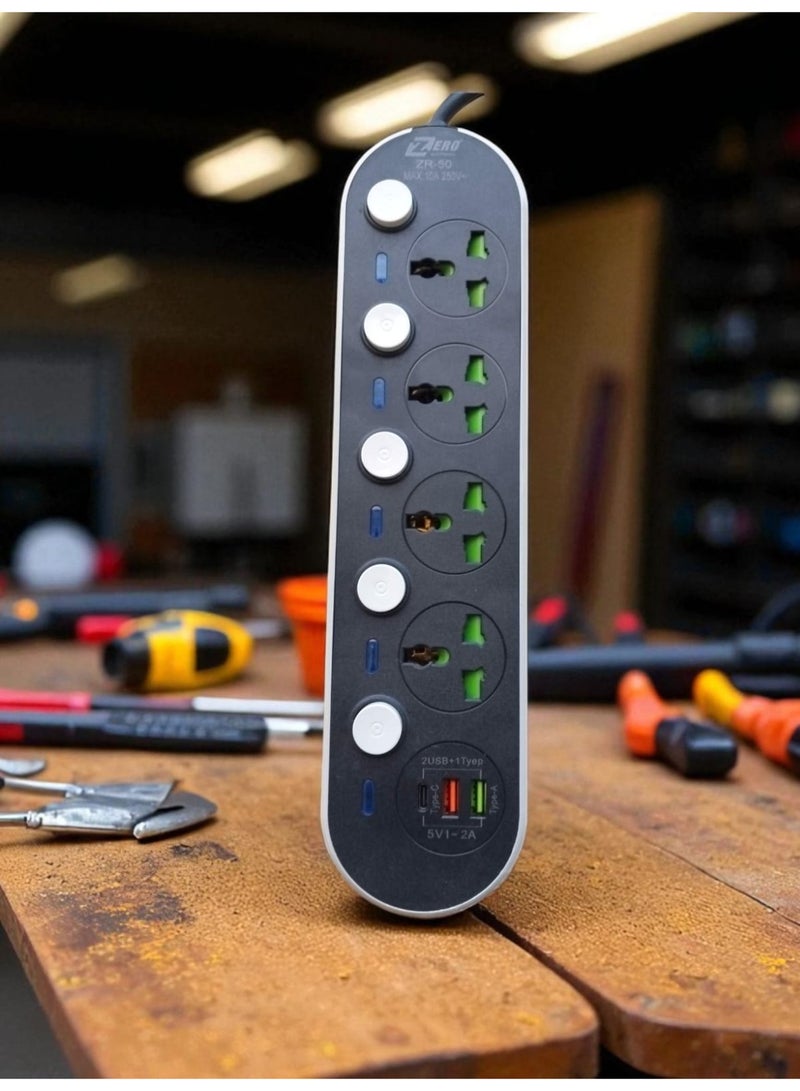 Zero Zero ZR-50 Multi-Outlet Power Strip with USB Ports, High Power Surge Protector, 4 Universal Outlets, 3 USB Ports (Including Type-C), Overload Protection, 6.6ft Extension Cord for Home, Office and Travel  - Image 2