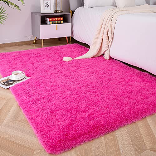Foxmas Soft Fluffy Area Rugs for Bedroom Kids Room Plush Shaggy Nursery Rug Furry Throw Carpets for Boys Girls, College Dorm Fuzzy Rugs Living Room Home Decorate Rug, 4ft x 6ft, Hot Pink - Image 1