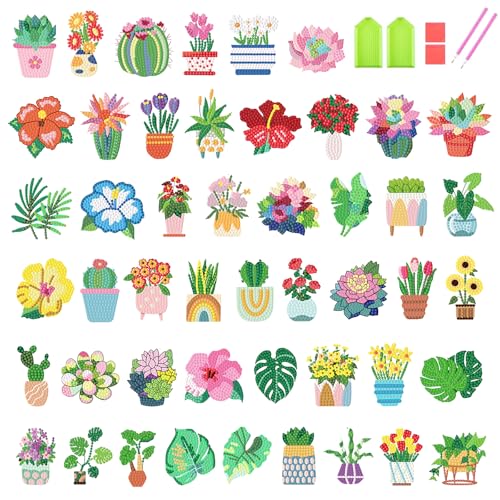 xackcme 48 Pcs Diamond Art Painting Sticker Kits for Kids Flower Diamond Gem Stickers Kit 5D Plants Gem Art Stickers Mosaic for Kids Gift for Boys Girls 481012 Years Old - Image 1