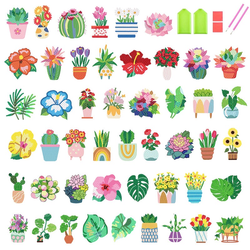xackcme 48 Pcs Diamond Art Painting Sticker Kits for Kids Flower Diamond Gem Stickers Kit 5D Plants Gem Art Stickers Mosaic for Kids Gift for Boys Girls 481012 Years Old - Image 2