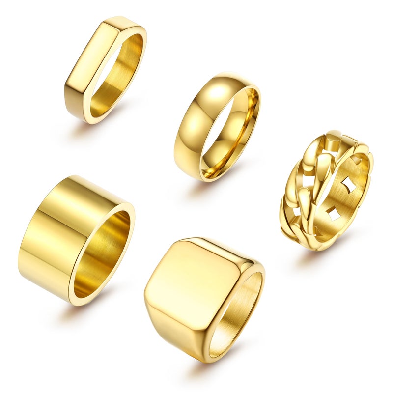 Sanfenly 5 PCS 14K Gold Rings for Men Mens Gold Ring Mens Stainless Steel Rings Square Signet Rings Pinky Thumb Ring Chunky Thick Band Cuban Link Chain Ring Cool Finger Ring Wedding Band Ring for Men Size 10 - Image 1