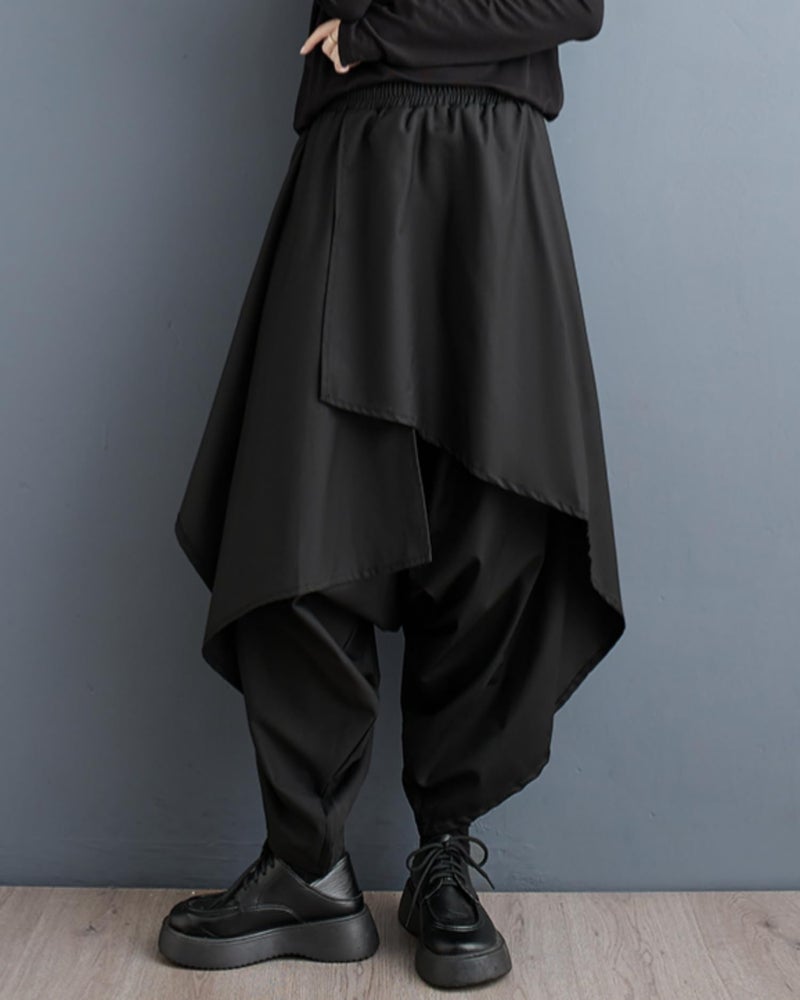 ellazhu Women's Drop Crotch Harem Skirt Pants Baggy Elastic Waist Irregular Trousers GZ29 Black - Image 2