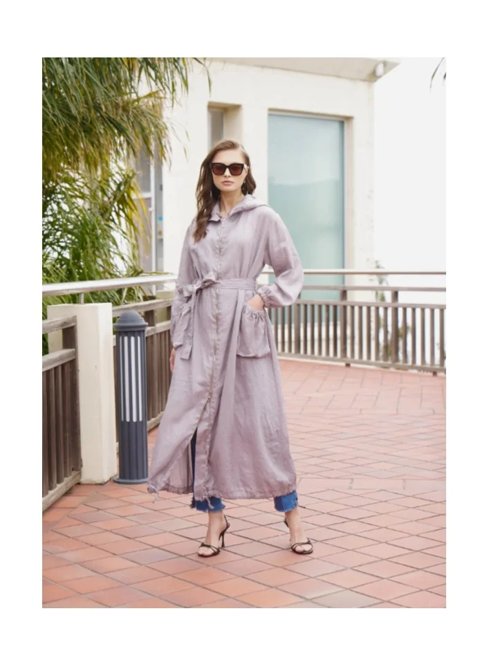 MissWhence Belted Hooded Linen Overcoat - Grey