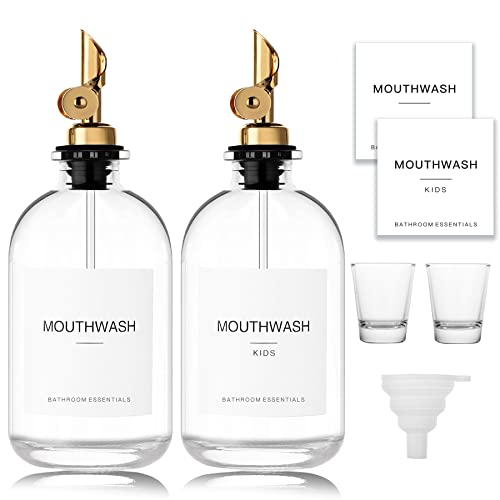 HomeFeel Mouthwash Dispenser for Bathroom, 12.7 oz, 2 Pack - Glass Mouthwash Bottle with 304 Stainless Steel Spout & Minimalist Labels, Style Mouthwash Container, Gold - Image 1