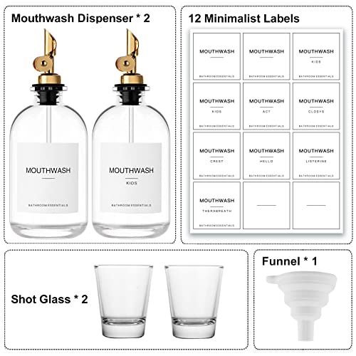 HomeFeel Mouthwash Dispenser for Bathroom, 12.7 oz, 2 Pack - Glass Mouthwash Bottle with 304 Stainless Steel Spout & Minimalist Labels, Style Mouthwash Container, Gold - Image 3