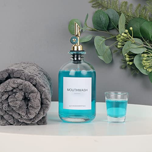 HomeFeel Mouthwash Dispenser for Bathroom, 12.7 oz, 2 Pack - Glass Mouthwash Bottle with 304 Stainless Steel Spout & Minimalist Labels, Style Mouthwash Container, Gold - Image 2