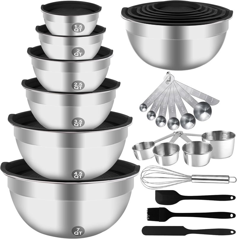 WEPSEN Mixing Bowls Set, 27PCS Stainless Steel Mixing Bowl with Lid Set, Large Nesting Bowls 7, 4.5, 3, 2.5, 2, 1.5QT, Measuring Cups and Spoons Baking Utensils Metal Bowl for Kitchen Prep - Image 1