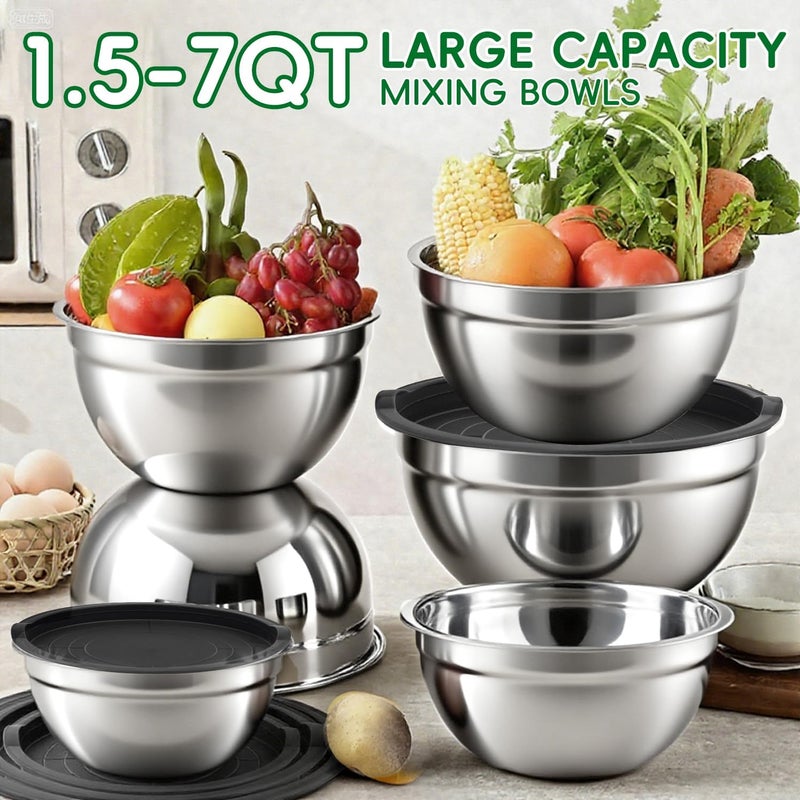 WEPSEN Mixing Bowls Set, 27PCS Stainless Steel Mixing Bowl with Lid Set, Large Nesting Bowls 7, 4.5, 3, 2.5, 2, 1.5QT, Measuring Cups and Spoons Baking Utensils Metal Bowl for Kitchen Prep - Image 3