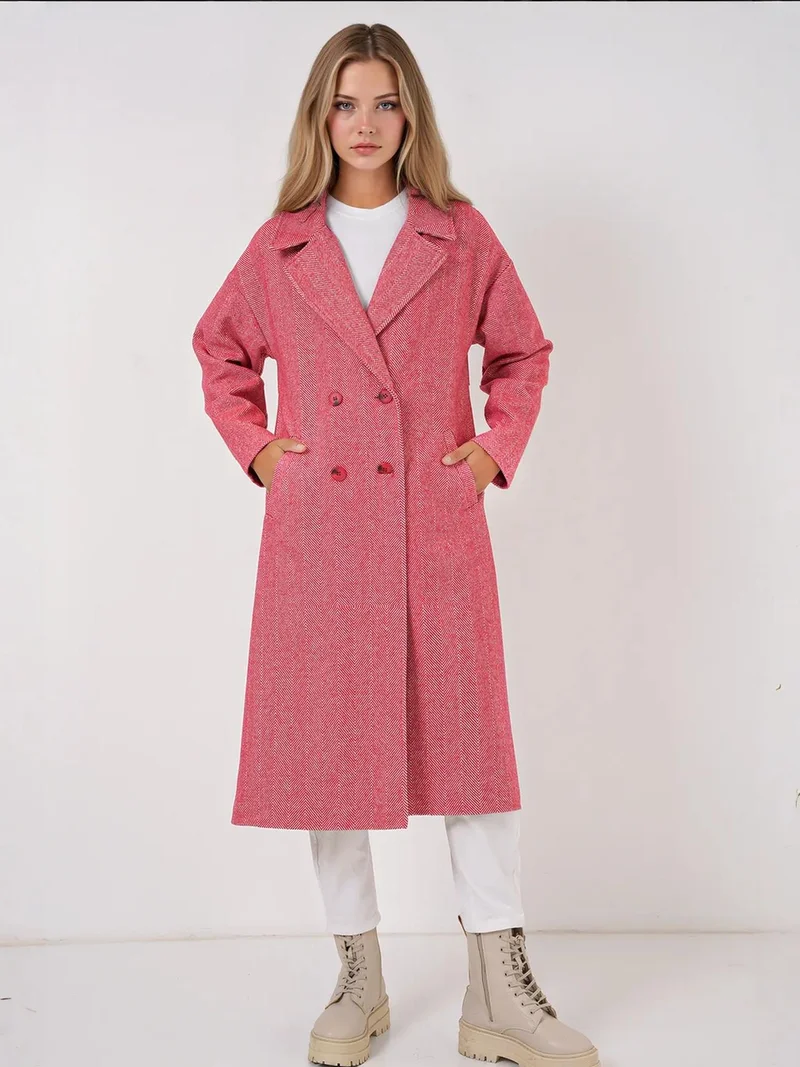بيغ دارت معطف طويل مبطن بياقة مزدوجة بنقشة متعرجة