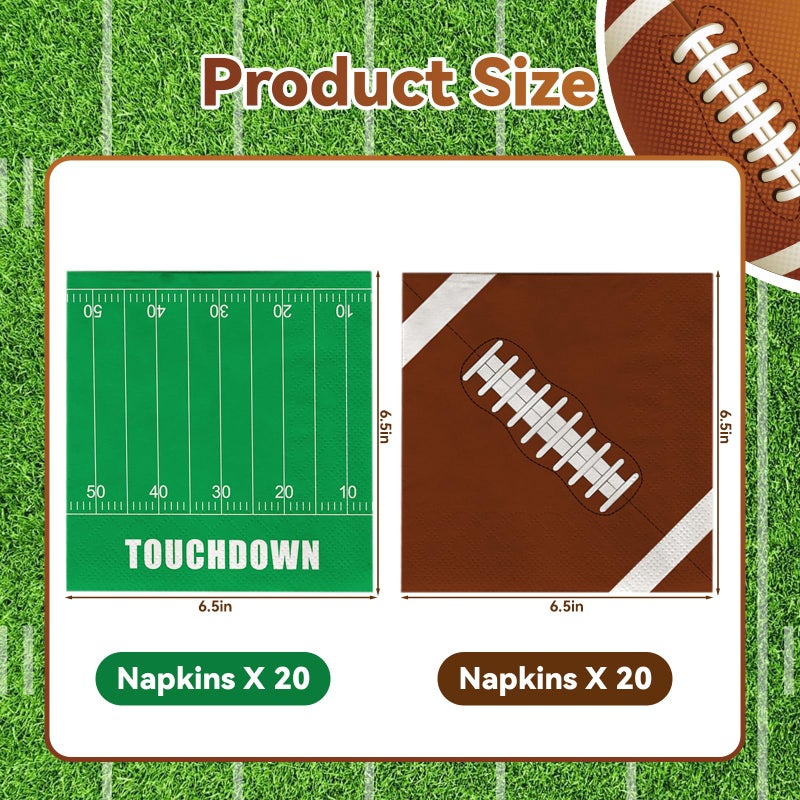 BAIVV Football Paper Napkins Party Decorations - 40 Pack, 6.5 Inch 3-Ply Disposable Napkin with 20 Football Pattern & 20 Field Design, Game day Table Decor for Luncheon, Dinner, Dessert, Cocktail, Birthday - Image 2